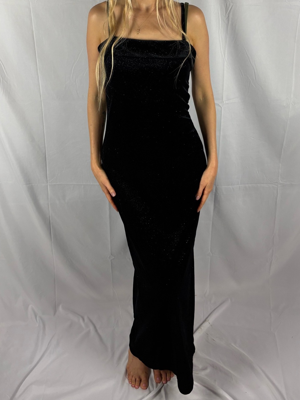 Vintage 90s vamp / Whimsigoth sparkly black floor length Velvet evening gown Med